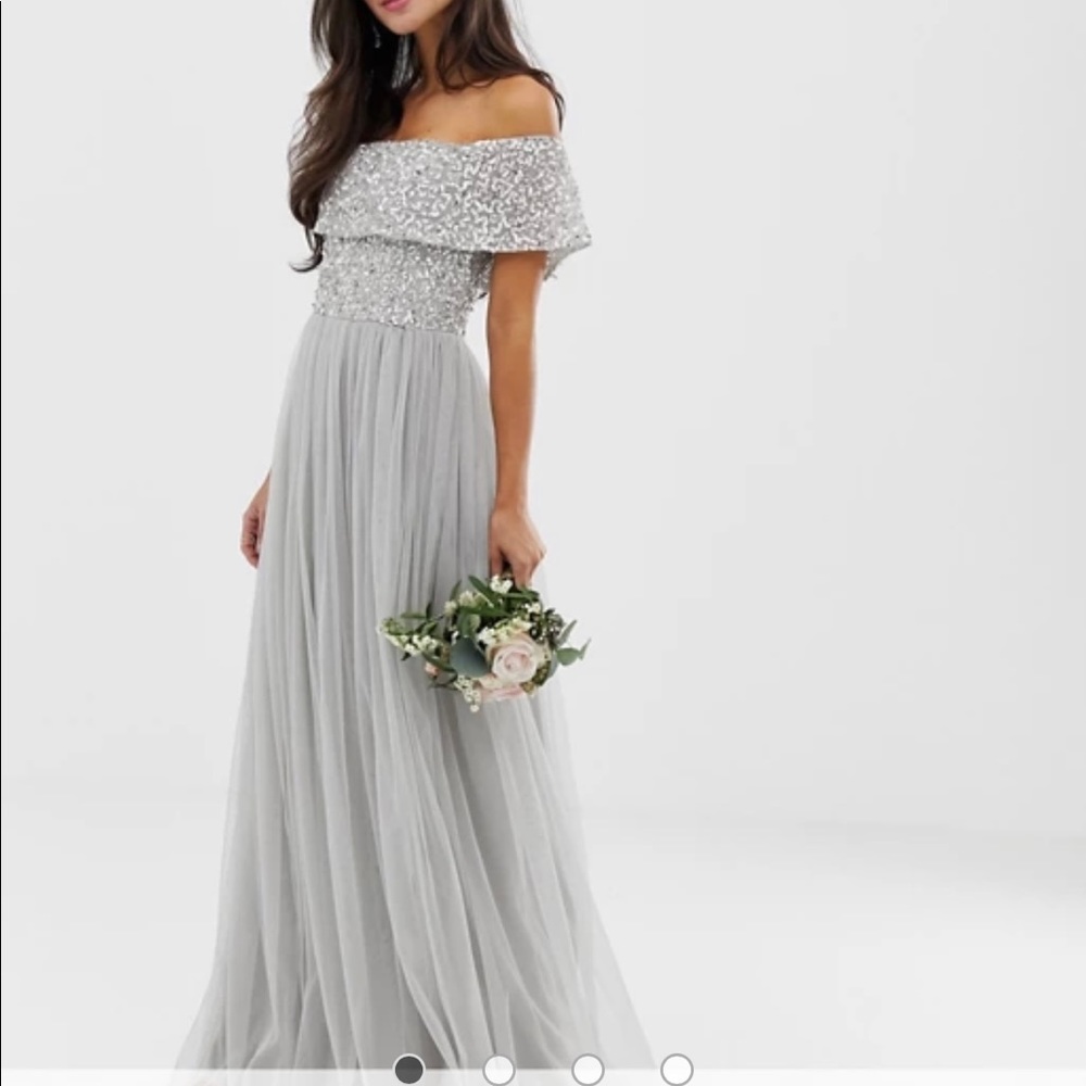 Silver bardot maxi tulle dress with sequins